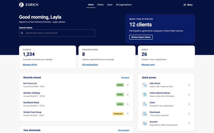 Adviser dashboard in the Zurich brand.