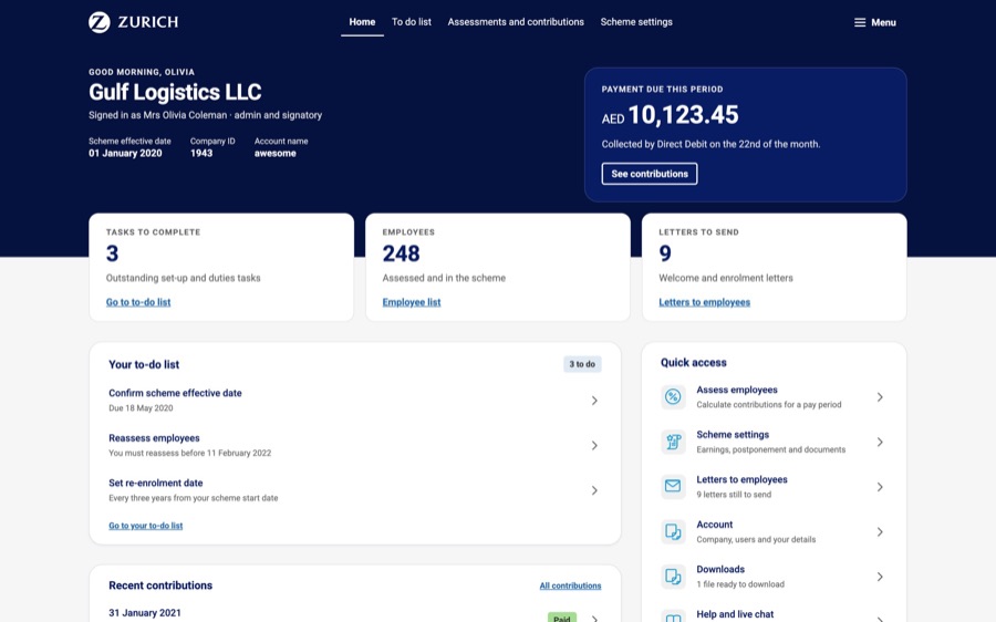 Employer dashboard in the Zurich brand.
