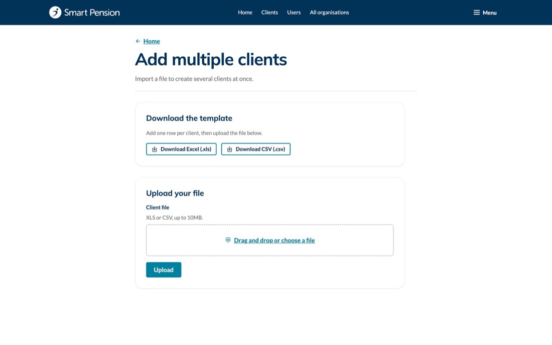 Add multiple clients: download the template and upload a file.