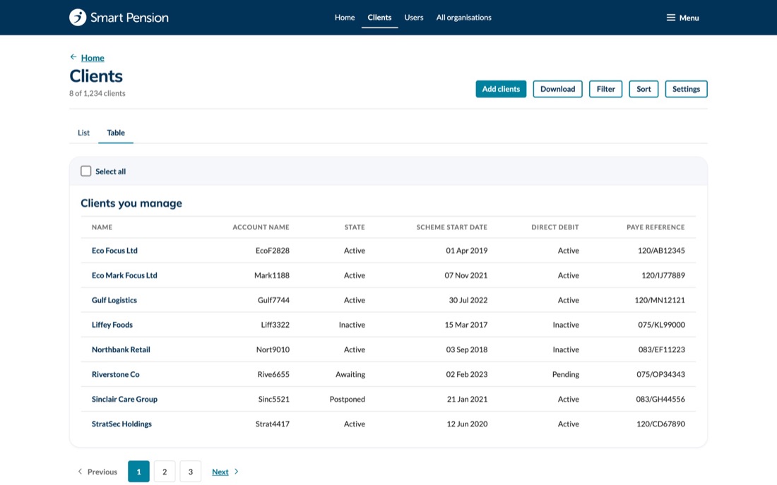 Clients list with status badges and bulk actions.