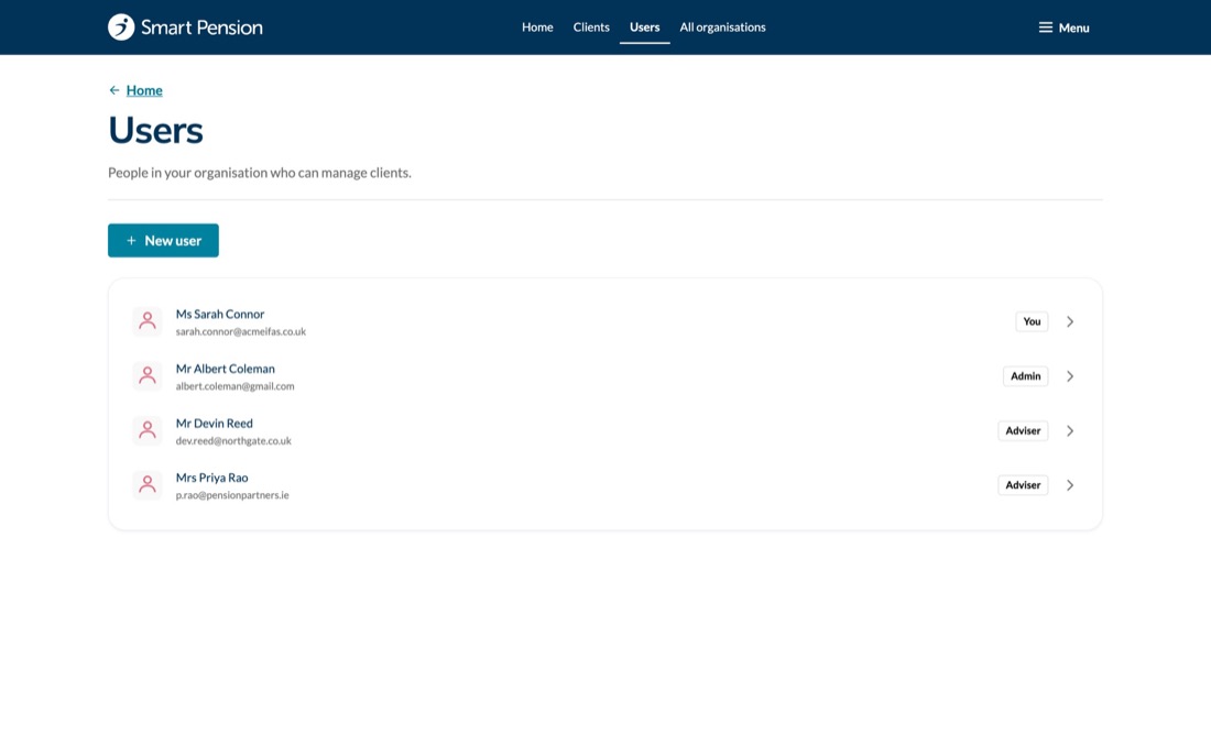 Users list with roles.