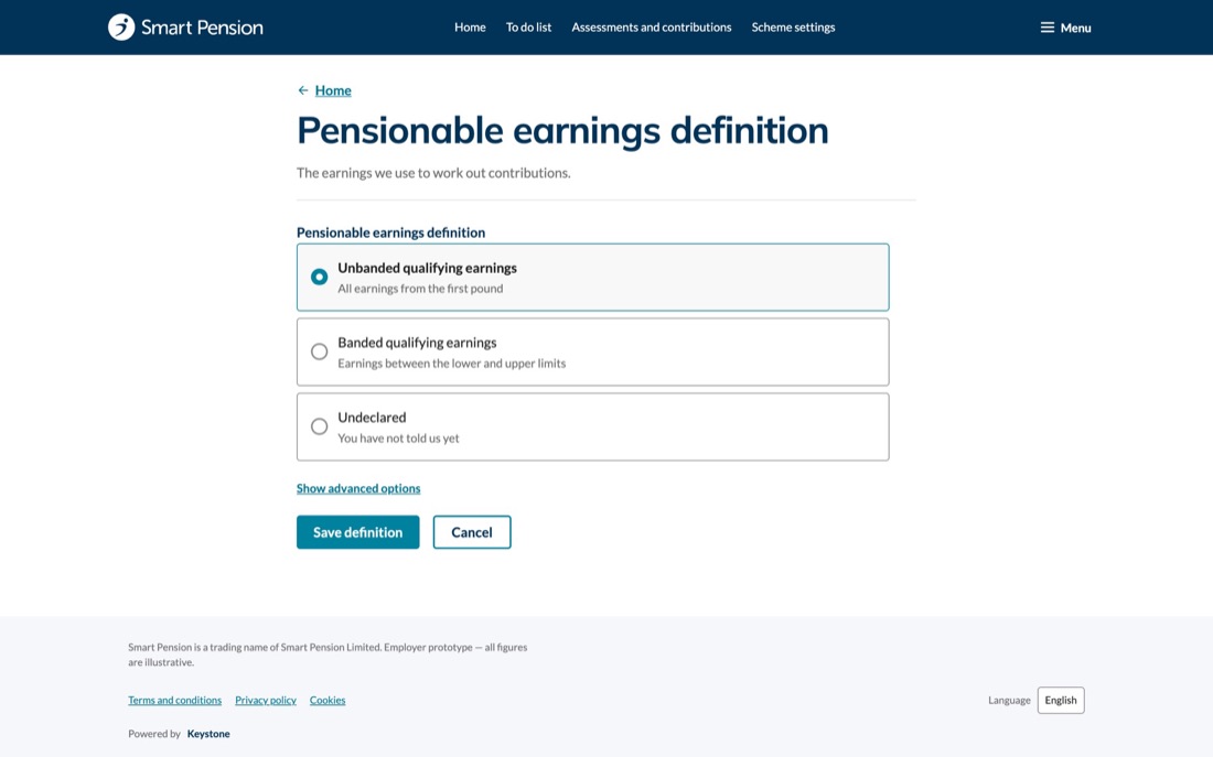 Pensionable earnings definition: unbanded, banded or undecided, each with an explanation.