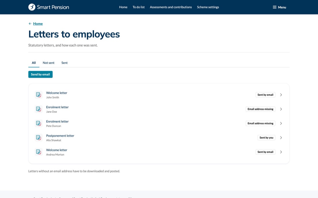 Letters to employees with delivery status.