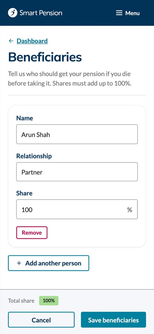 Beneficiaries form with name, relationship and share, and a running total of 100%.