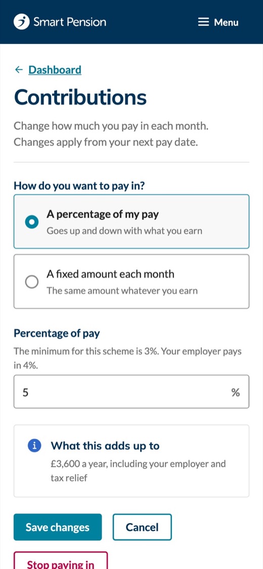 Contributions: a choice between a percentage of pay and a fixed amount.