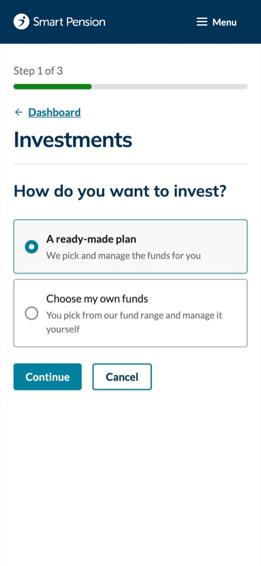 Investments, step 1 of 3: a ready-made plan or choosing your own funds.