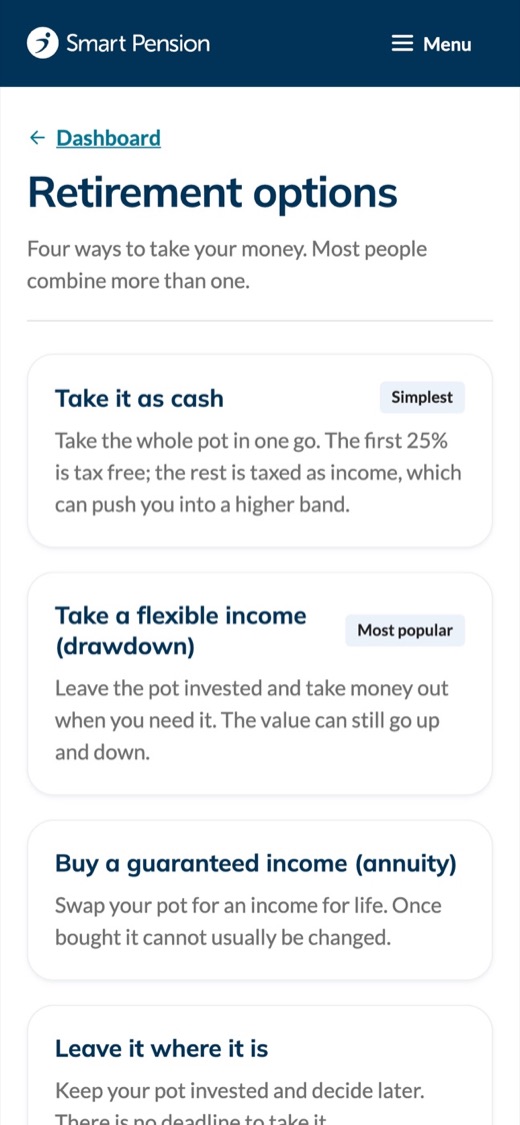 Retirement options: cash, flexible income, guaranteed income, or leave it where it is.