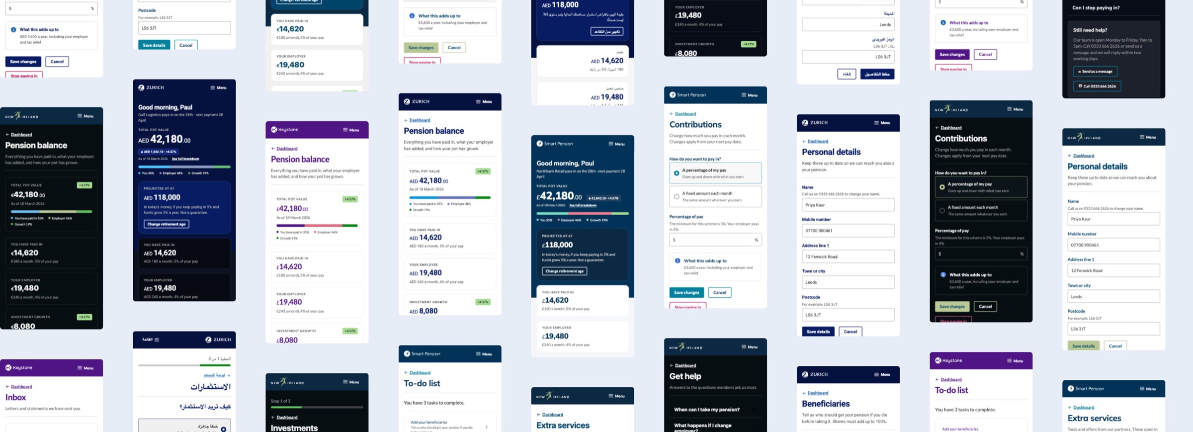 A wall of member app screens across Smart, Zurich, New Ireland and Keystone, in English and Arabic, light and dark.